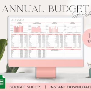 Annual budget template with various expense categories.