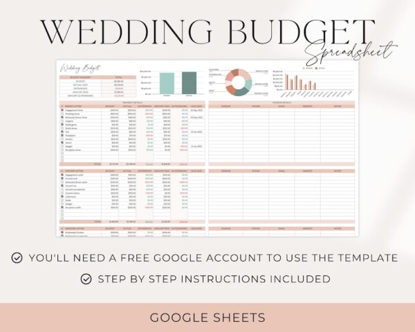 Wedding budget spreadsheet template in Boho color palette.