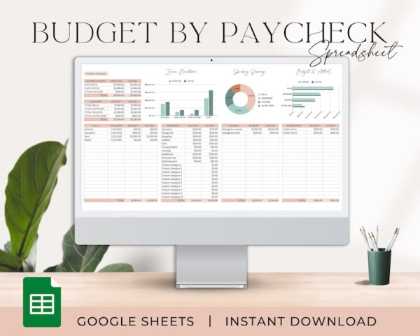 Paycheck Budget Template with income and expense categories.